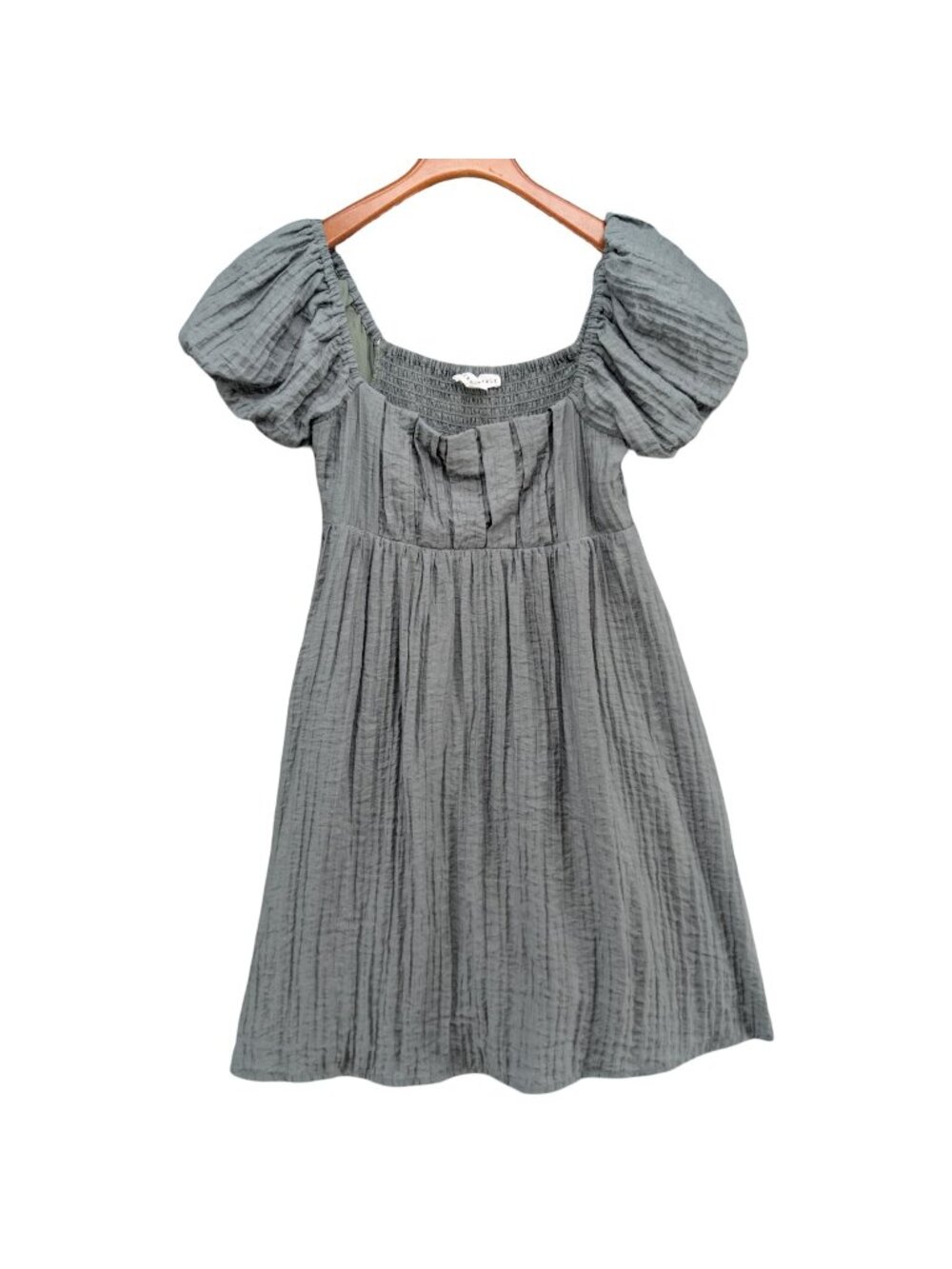 Aeropostale Mini Babydoll Dress Sage Green Gray Puff Sleeve Smocked Gauze Sz XS